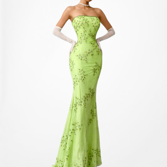 Vintage Green Silk Floral Beaded Strapless Fit Flared Maxi Formal Prom Dress Size S