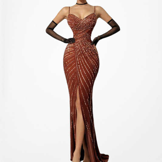 Vintage Brown Beaded Sequin Maxi Bodycon Slit Formal Prom Dress Size S