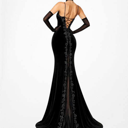 Vintage Black Velvet Mesh Gold Embroidered Knit Maxi Cocktail Formal Prom Dress Size M/L