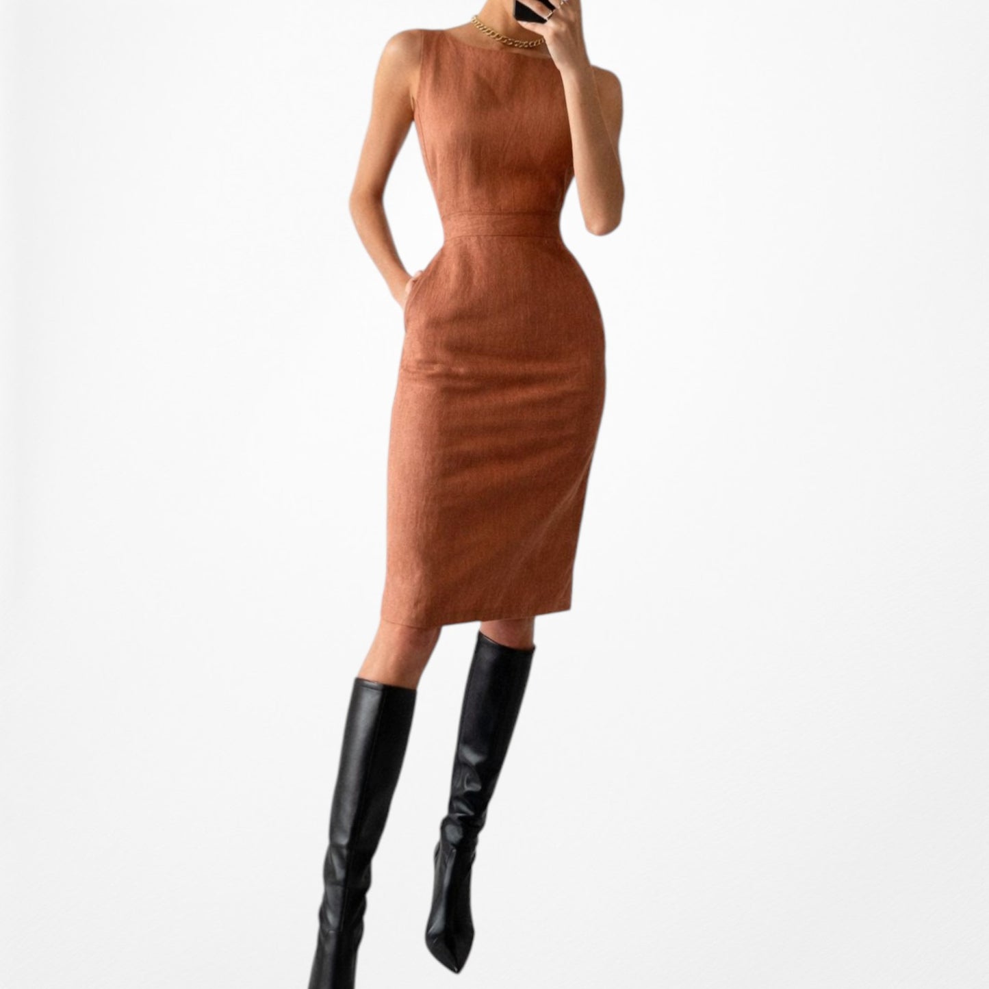 Vintage Y2K Brown Sleeveless Crewneck Knee Length Cocktail Bodycon Dress Size 6/M