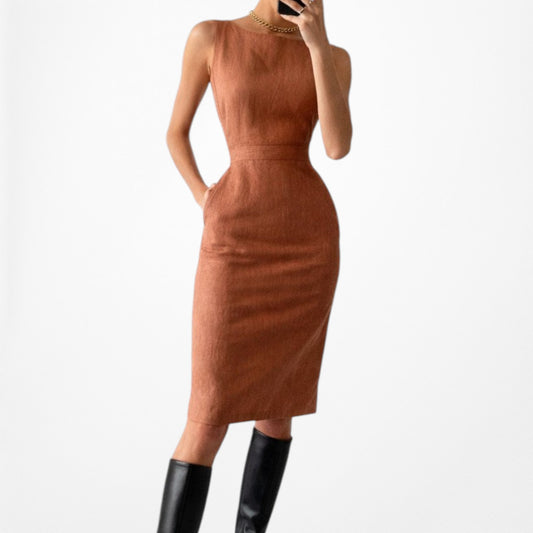 Vintage Y2K Brown Sleeveless Crewneck Knee Length Cocktail Bodycon Dress Size 6/M