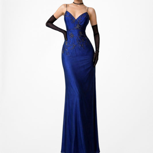 Vintage Blue Floral Beaded Mesh Knit Bodycon Maxi Prom Dress Size S