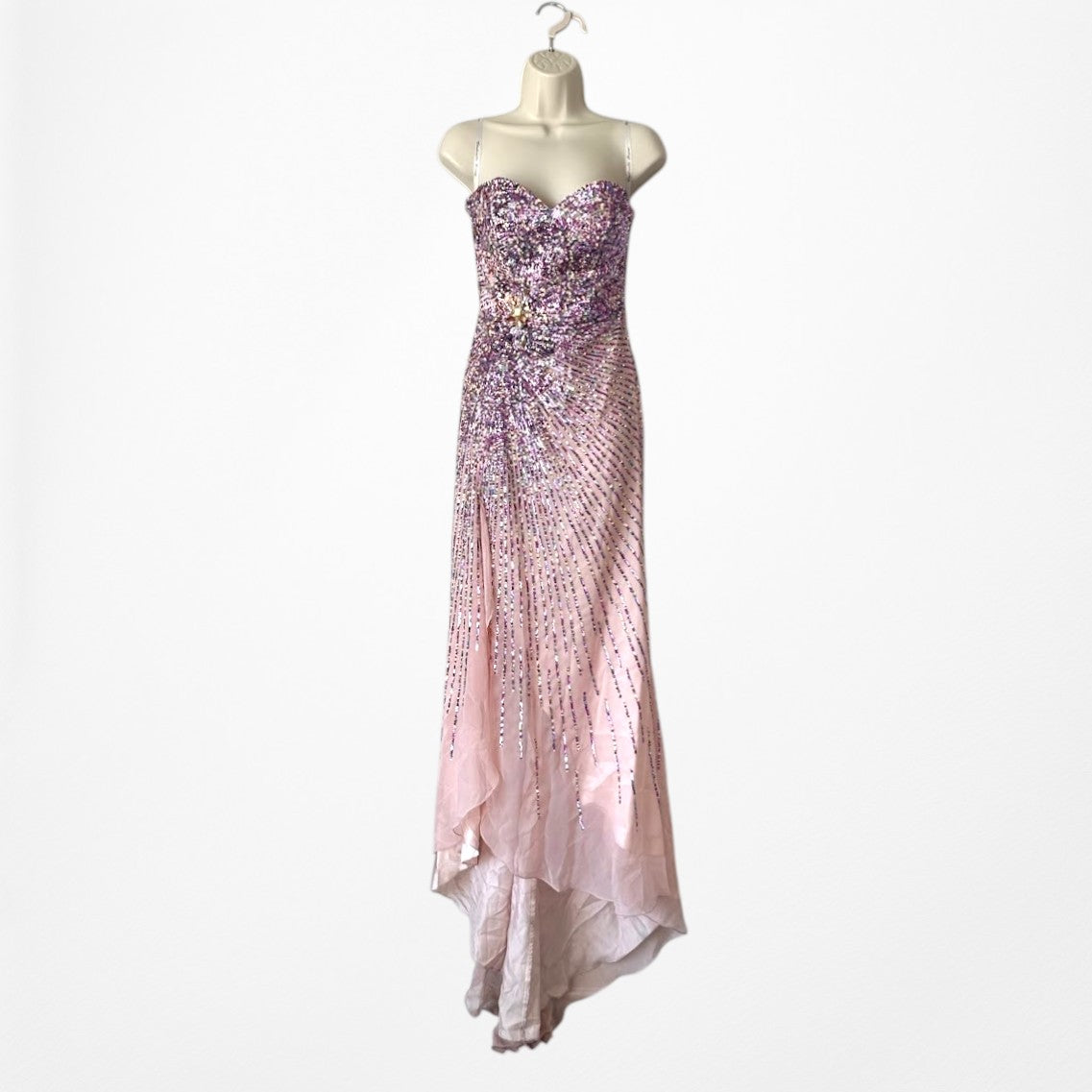 Vintage Pink Purple Side Slit Strapless Fit Flared Sequin Maxi Prom Dress Size XS
