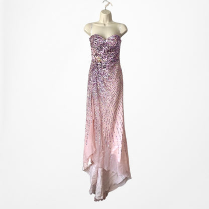 Vintage Pink Purple Side Slit Strapless Fit Flared Sequin Maxi Prom Dress Size XS