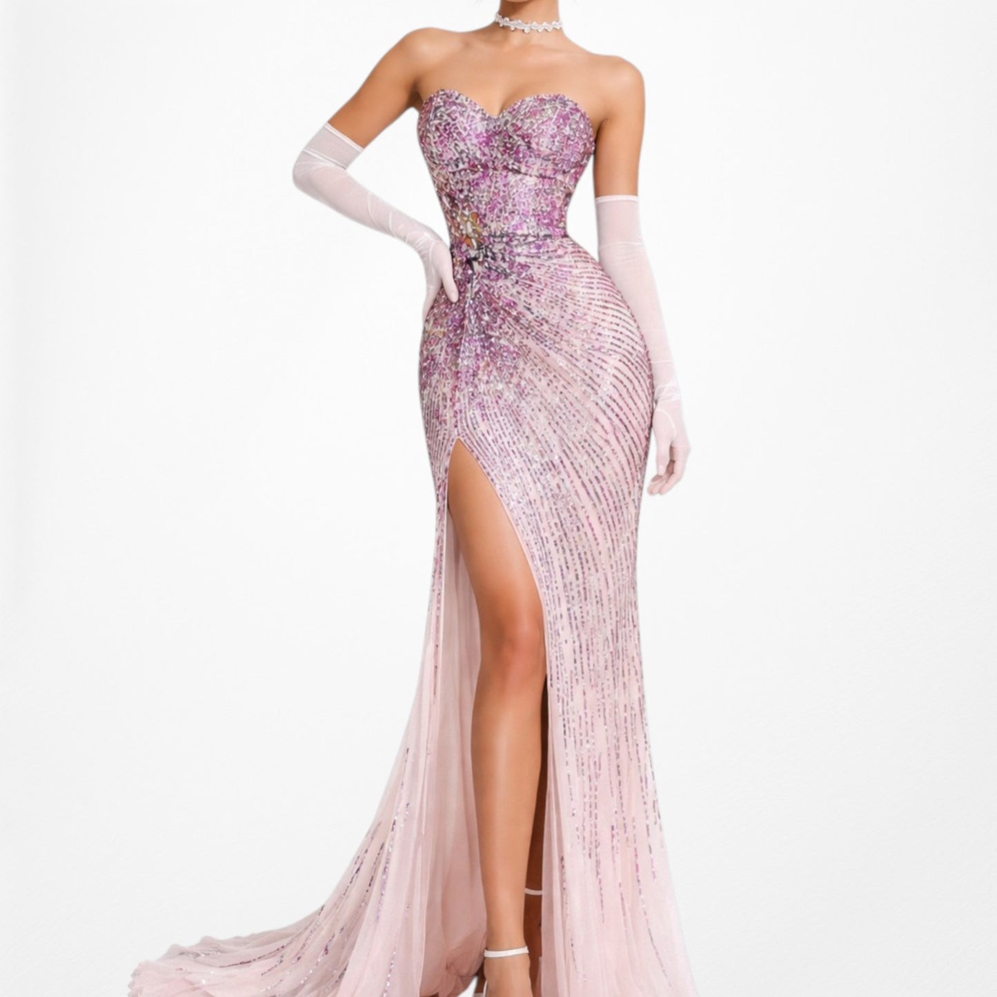 Vintage Pink Purple Side Slit Strapless Fit Flared Sequin Maxi Prom Dress Size XS