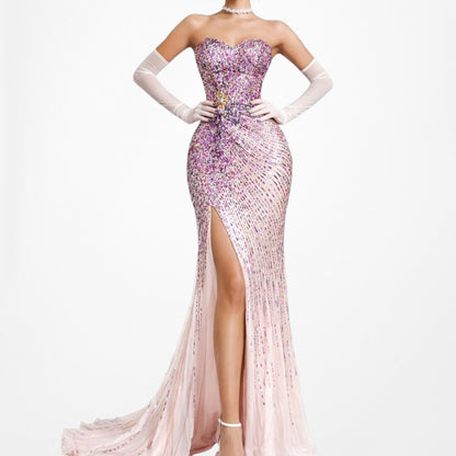 Vintage Pink Purple Side Slit Strapless Fit Flared Sequin Maxi Prom Dress Size XS