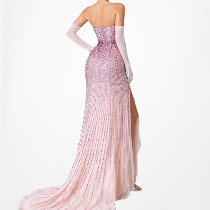 Vintage Pink Purple Side Slit Strapless Fit Flared Sequin Maxi Prom Dress Size XS