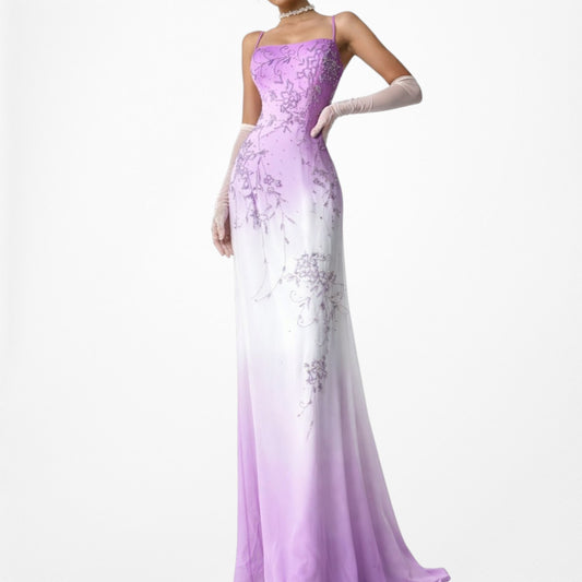 Vintage Y2K Purple White Ombre Floral Beaded Fit Flared Maxi Prom Dress Size S