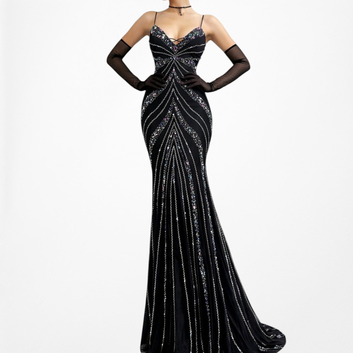 Vintage Y2K Black Knit Sequin Beaded Bodycon Mermaid Maxi Prom Dress Size S/M