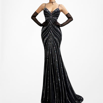 Vintage Y2K Black Knit Sequin Beaded Bodycon Mermaid Maxi Prom Dress Size S/M