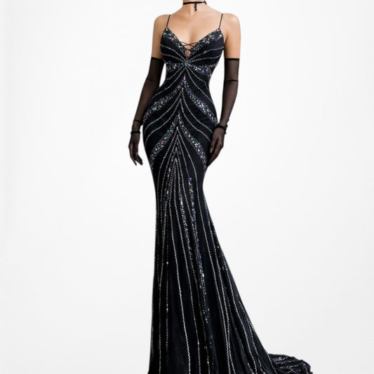 Vintage Y2K Black Knit Sequin Beaded Bodycon Mermaid Maxi Prom Dress Size S/M
