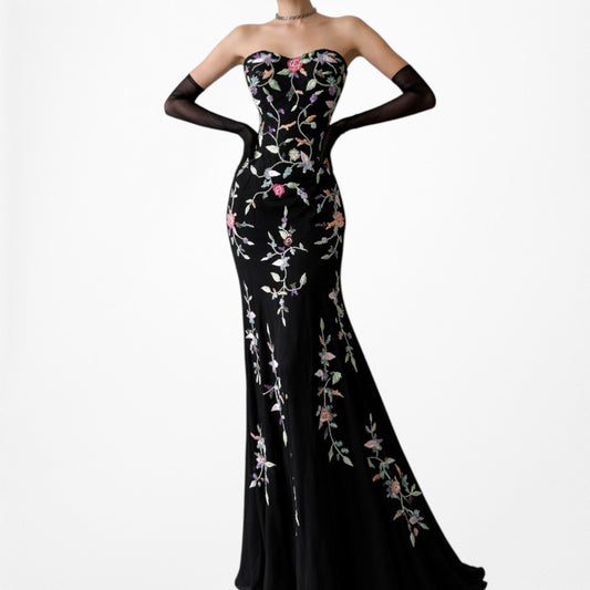 Vintage Black Strapless Sweetheart Floral Beaded Fit Flared Formal Prom Dress Size S