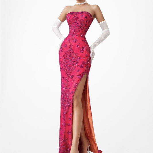 Vintage Pink Strapless Beaded Silk Double Side Slit Formal Prom Maxi Dress S