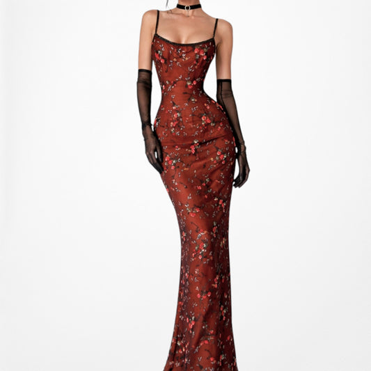 Vintage Orange Brown Floral Beaded Mesh Bodycon Maxi Dress Size M