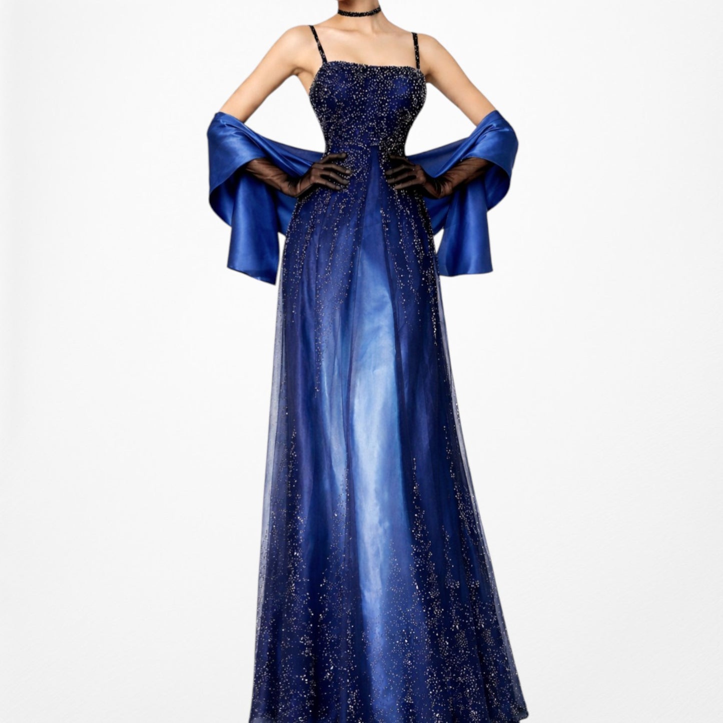 Vintage Y2K 90s Blue Satin Ombre Beaded Babydoll Prom Formal Maxi Dress Size M
