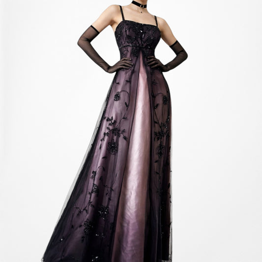 Vintage Plum Brown Floral Beaded Satin Gradient Mesh Maxi Prom Dress Size S
