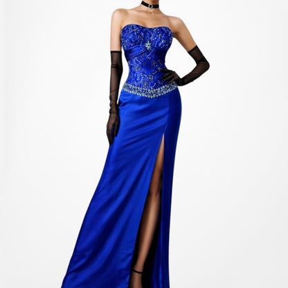 Vintage Blue Strapless Lace Beaded Side Slit Bodycon Maxi Prom Dress Size M