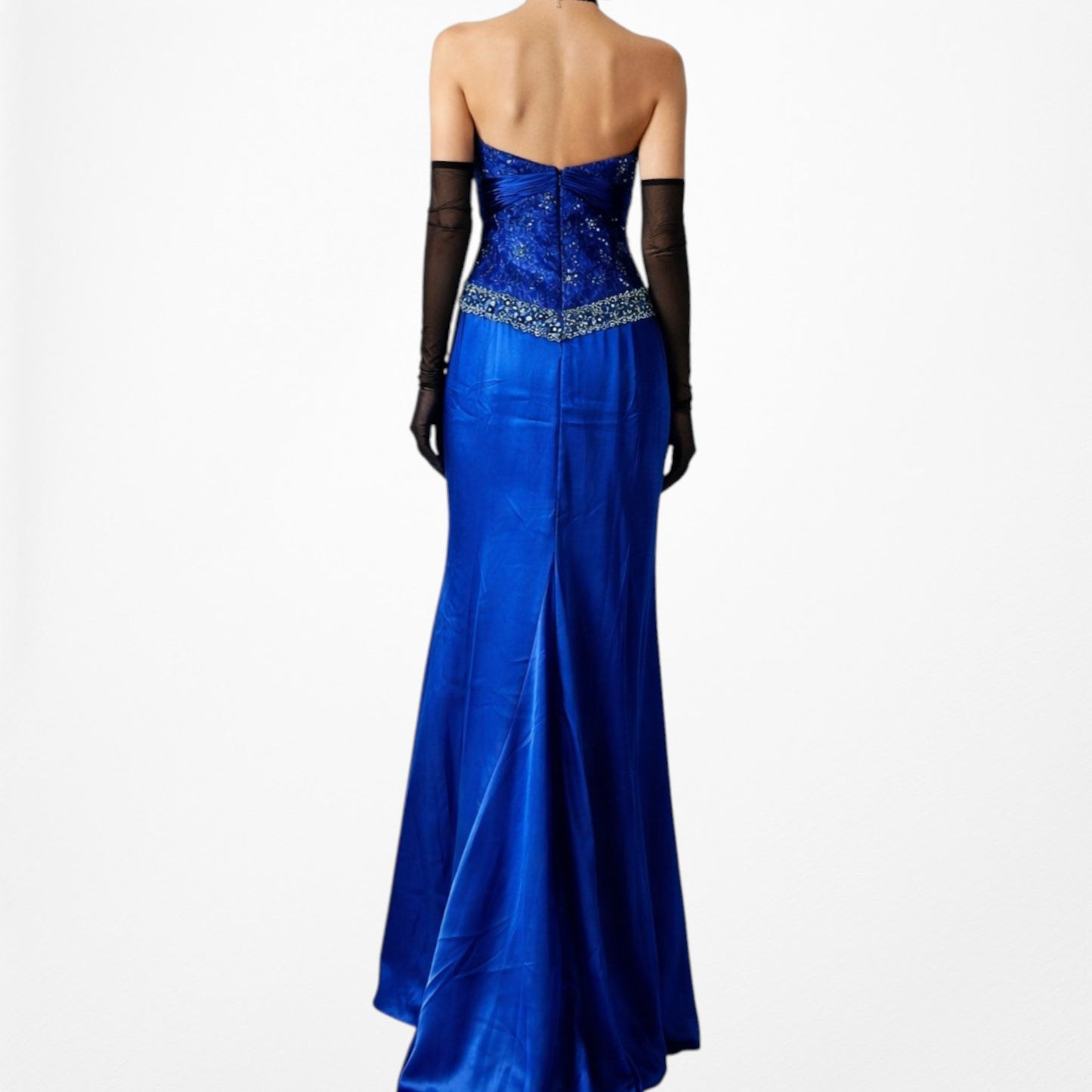 Vintage Blue Strapless Lace Beaded Side Slit Bodycon Maxi Prom Dress Size M