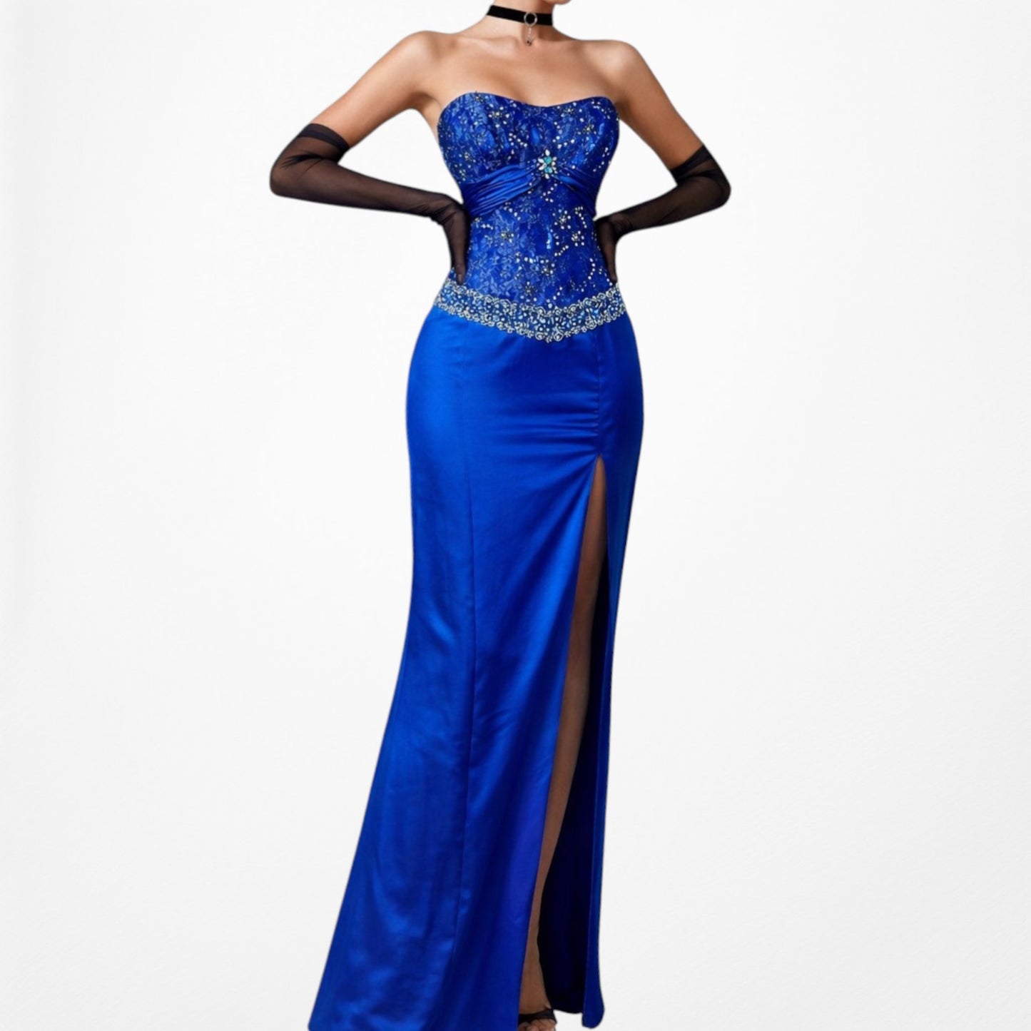 Vintage Blue Strapless Lace Beaded Side Slit Bodycon Maxi Prom Dress Size M