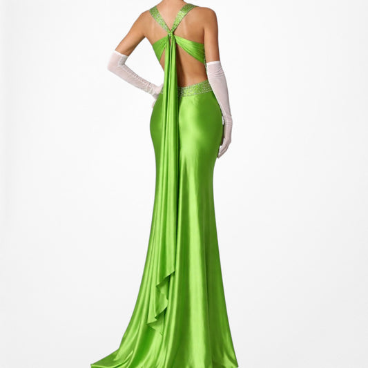 Vintage Y2K Green Sequin Beaded Bodycon Satin Maxi Prom Cocktail Dress Size S