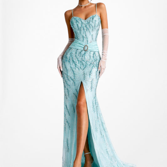 Vintage Y2K Blue Beaded Front Slit Bodycon Maxi Formal Prom Dress Size M