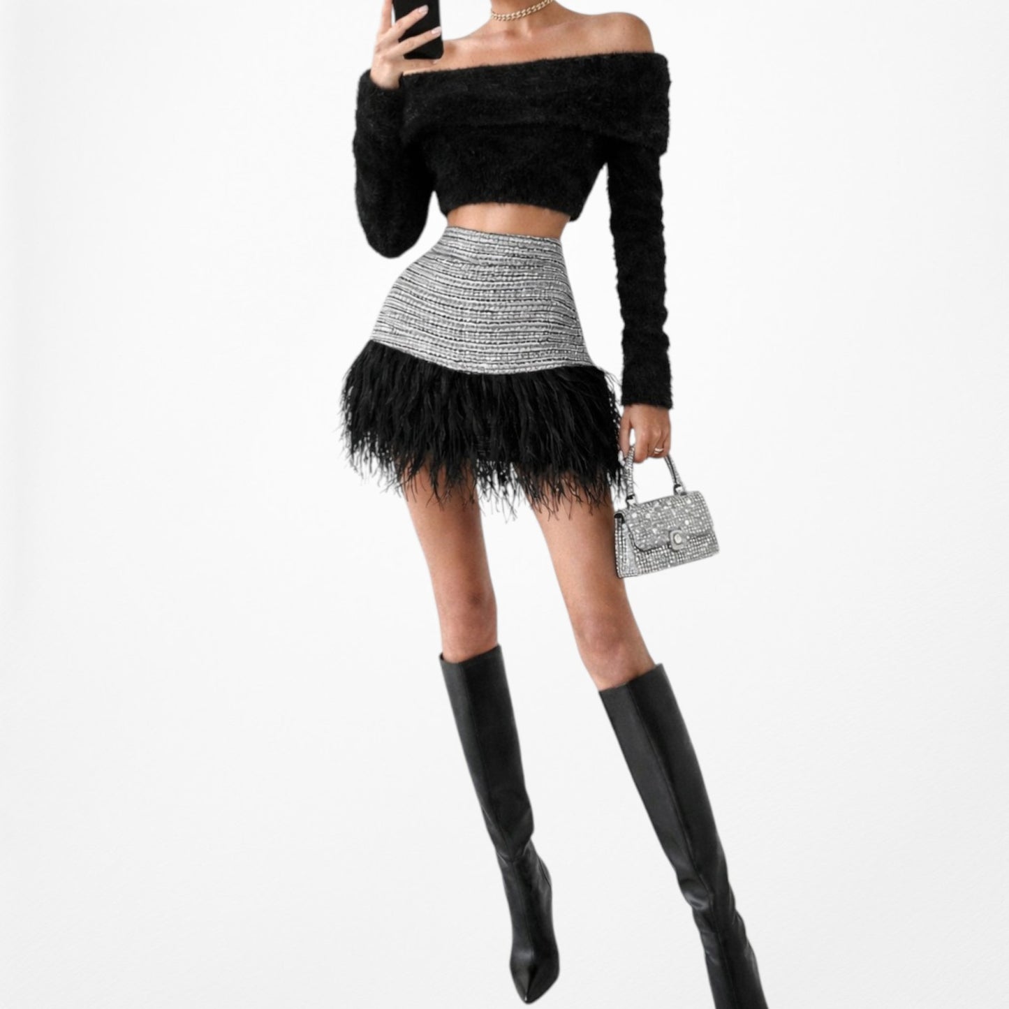 Vintage Y2K 90s Gray Black Feather Striped High Waisted A-Line Mini Skirt Size S