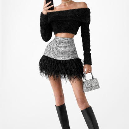 Vintage Y2K 90s Gray Black Feather Striped High Waisted A-Line Mini Skirt Size S