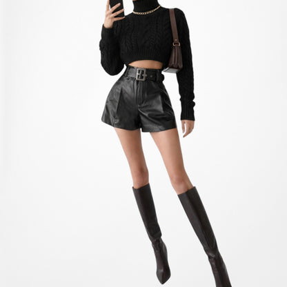 Zara Black Paperbag Style High Waisted Belted Faux Leather Shorts Size XS/S
