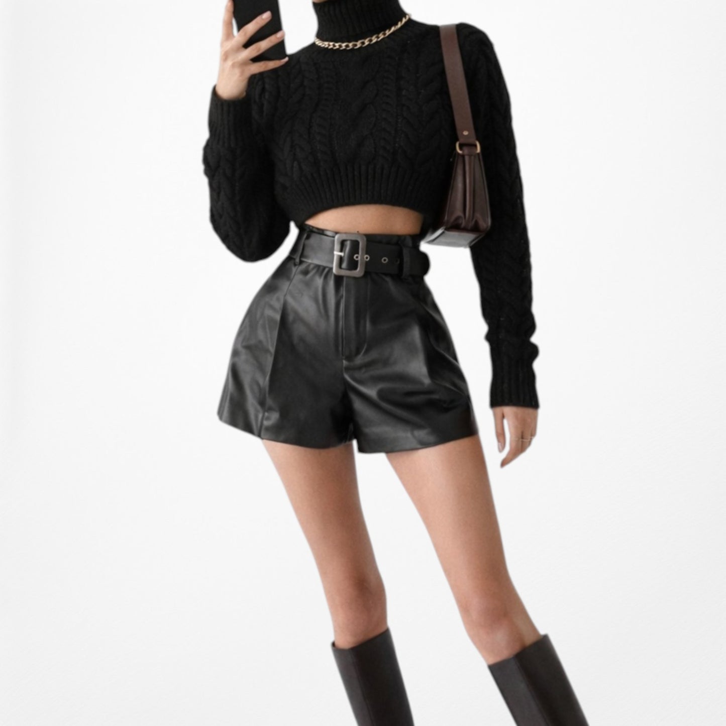 Zara Black Paperbag Style High Waisted Belted Faux Leather Shorts Size XS/S