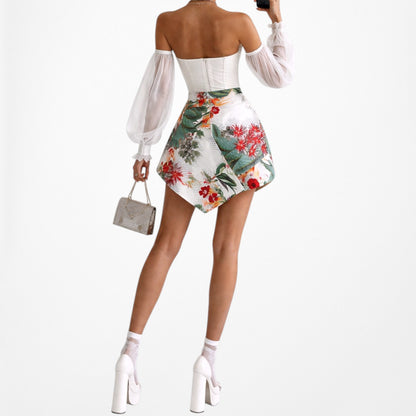 Vintage Y2K 90s White Floral High Waisted Asymmetric Skort Short Skirt Size XS
