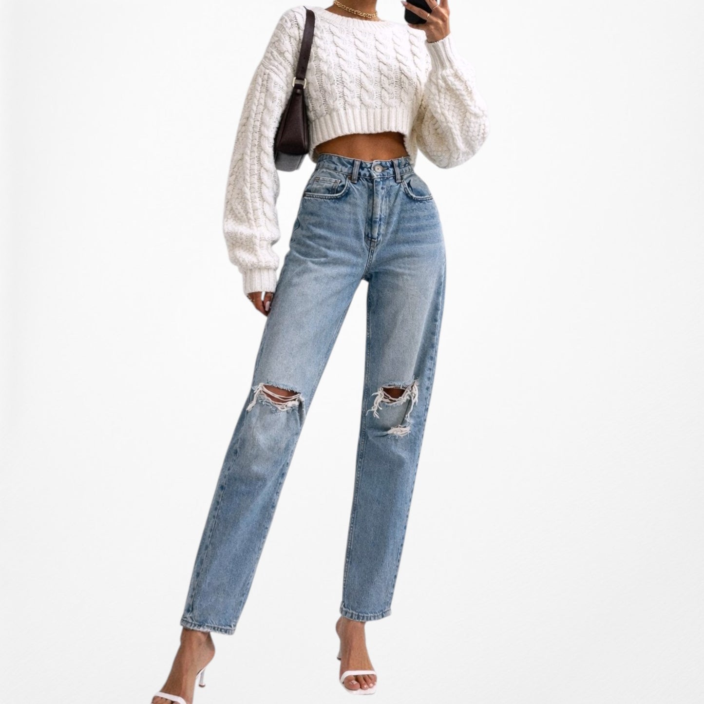 Zara Blue Distressed Destroyed Medium Wash Ripped Knee High Waisted Mom Jeans XS