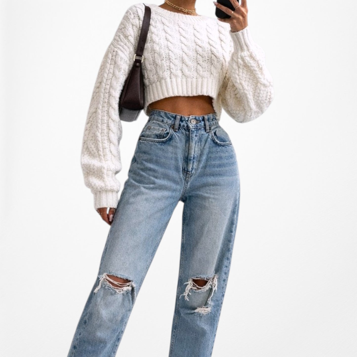 Zara Blue Distressed Destroyed Medium Wash Ripped Knee High Waisted Mom Jeans XS
