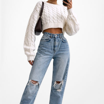 Zara Blue Distressed Destroyed Medium Wash Ripped Knee High Waisted Mom Jeans XS