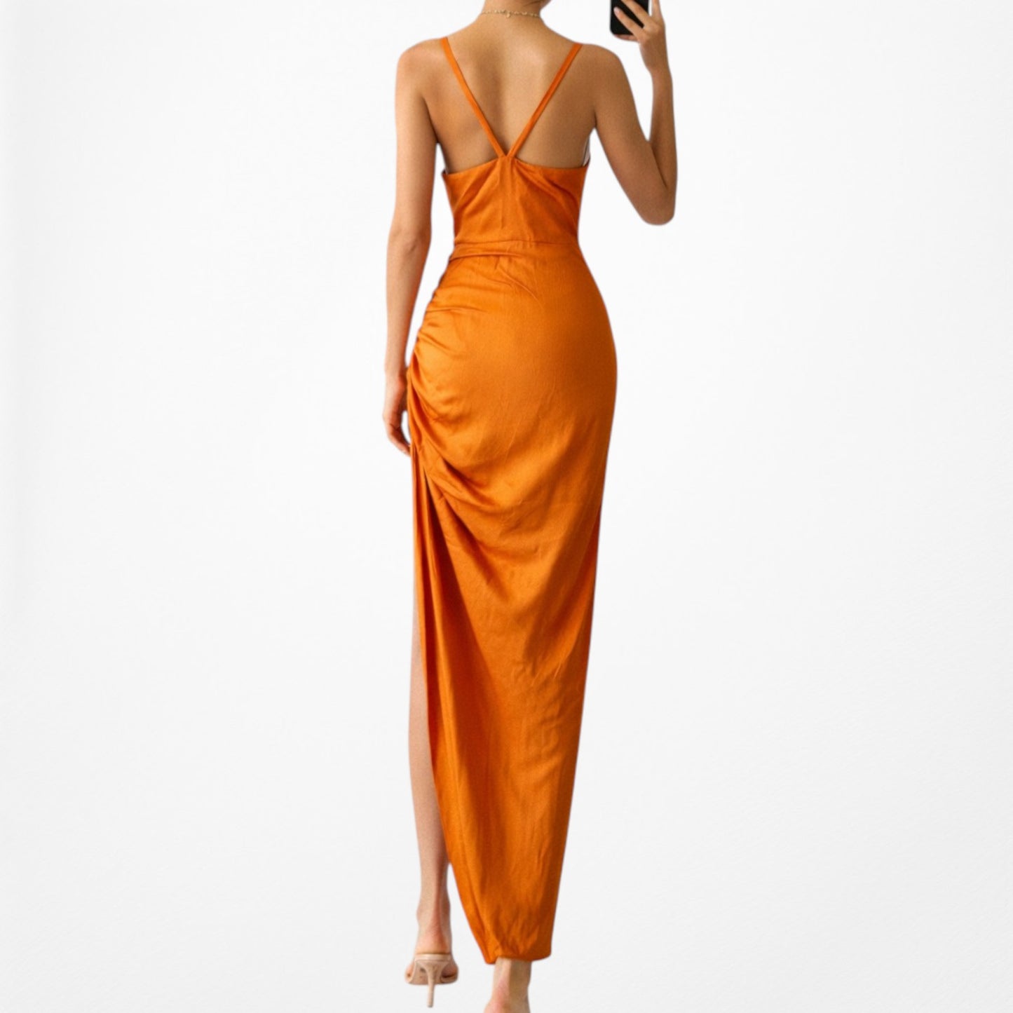 Zara Orange Ruched Pleated Side Slit Maxi Bodycon Linen Dress Size XS/S