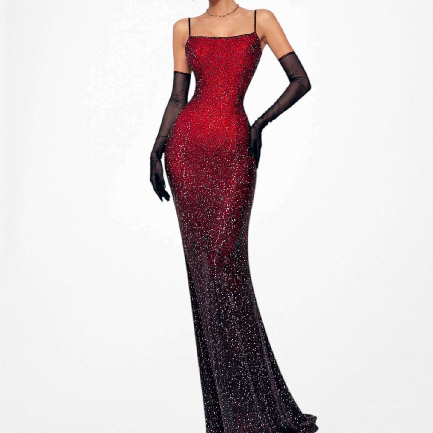 Vintage Burgundy Red Silk Beaded Ombre Bodycon Maxi Prom Dress Size S