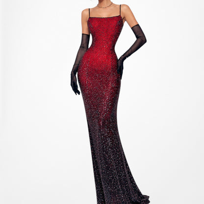 Vintage Burgundy Red Silk Beaded Ombre Bodycon Maxi Prom Dress Size S