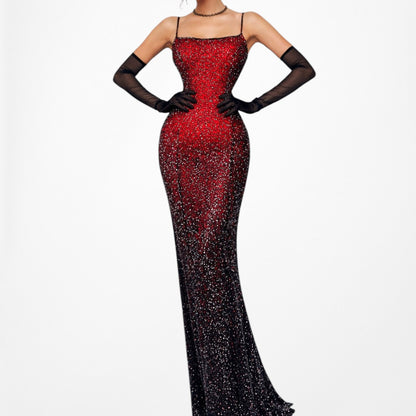 Vintage Burgundy Red Silk Beaded Ombre Bodycon Maxi Prom Dress Size S
