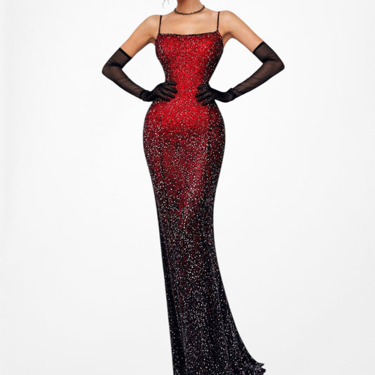 Vintage Burgundy Red Silk Beaded Ombre Bodycon Maxi Prom Dress Size S