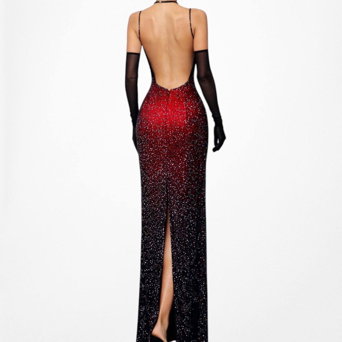 Vintage Burgundy Red Silk Beaded Ombre Bodycon Maxi Prom Dress Size S