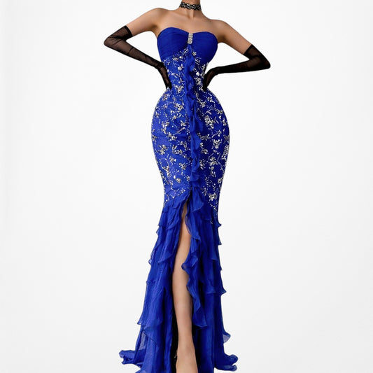 Vintage Blue Strapless Floral Beaded Silk Ruffle Asymmetric Prom Dress Size XS