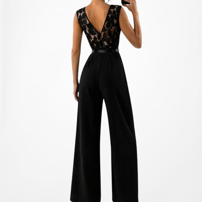 Vintage Y2K Black Lace Sequin Sleeveless Waist Tie Knit Wide Leg Jumpsuit Size M