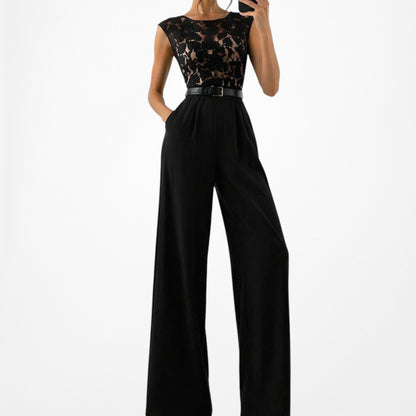 Vintage Y2K Black Lace Sequin Sleeveless Waist Tie Knit Wide Leg Jumpsuit Size M
