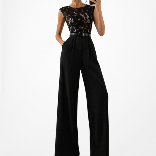 Vintage Y2K Black Lace Sequin Sleeveless Waist Tie Knit Wide Leg Jumpsuit Size M