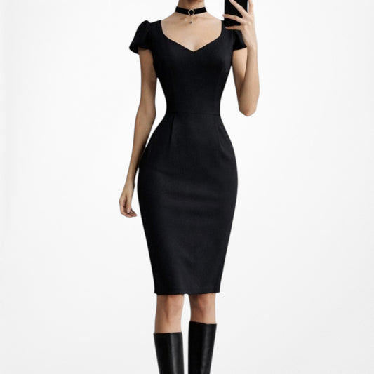 Vintage Y2K Black Capped Sleeve Knee Length Bodycon Cocktail Dress Size M