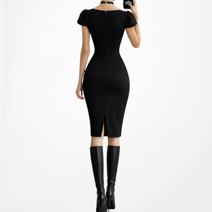 Vintage Y2K Black Capped Sleeve Knee Length Bodycon Cocktail Dress Size M