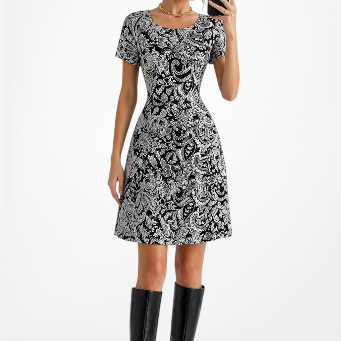 Vintage Y2K Blue White Geometric Print Short Sleeve Knee Length Knit Dress M/L