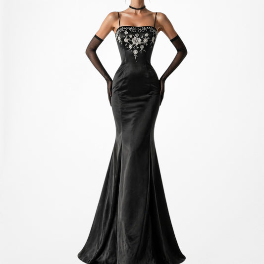 Vintage Black Satin Floral Beaded Embroidered Fit Flared Maxi Cocktail Formal Dress Size XS/S