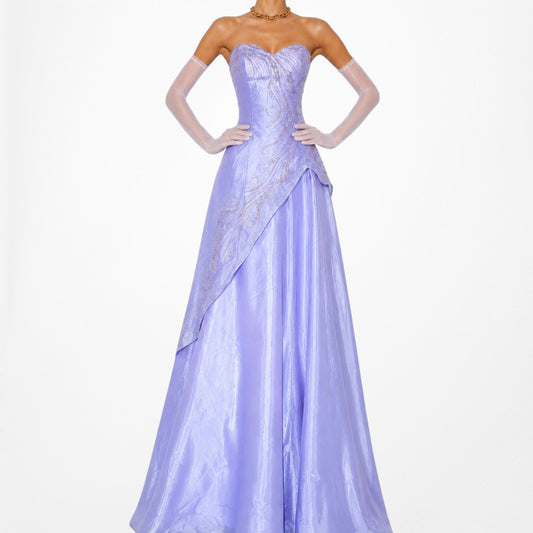 Vintage Y2K Purple Strapless Organza Beaded Flared Maxi Formal Prom Dress Size M