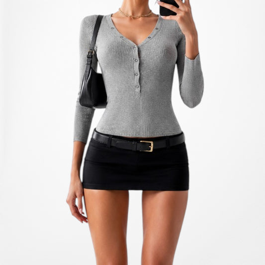 Gray Ribbed Knit Henley Style V-Neck Long Sleeve Bodysuit Top Size XS/S