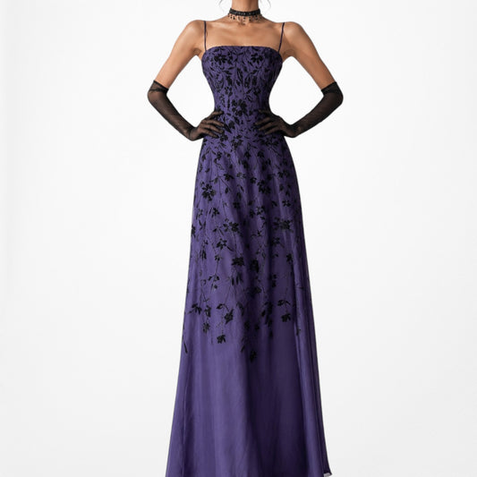 Vintage Purple Black Floral Velvet Strapless Fit Flared Maxi Formal Cocktail Dress Size XS